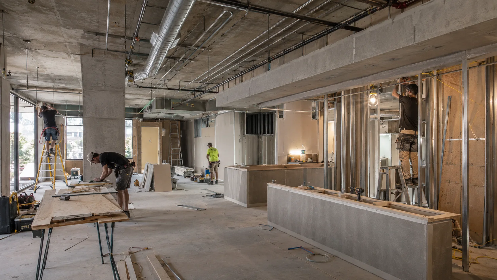 Commercial fitout construction site Sydney with trades working in a raw tenancy