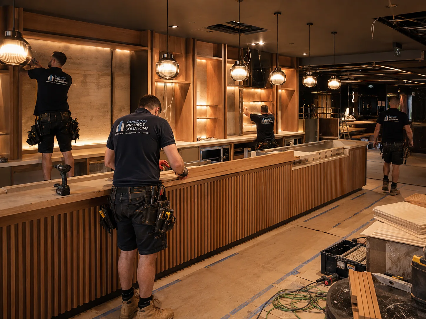 Bar fitout construction site Sydney with trades installing custom bar joinery and back bar shelving in a commercial venue