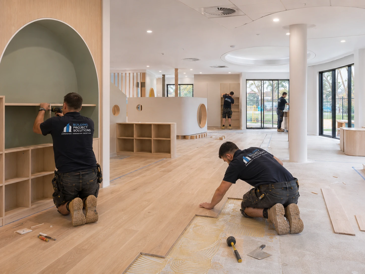 Childcare centre fitout construction site Sydney with specialist trades installing flooring and joinery in a commercial interior