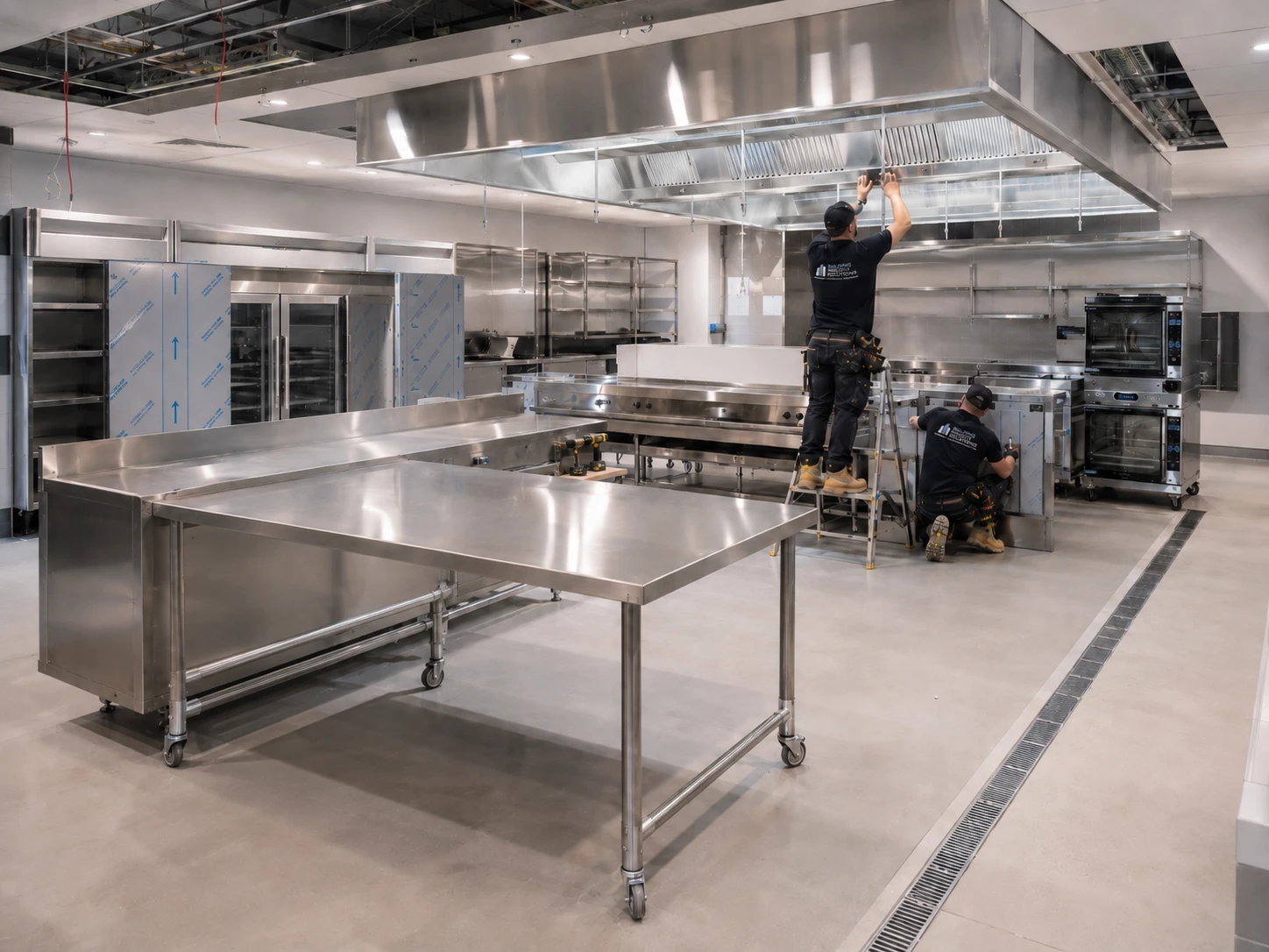 Commercial kitchen fitout construction site Sydney with trades installing stainless steel benching and ventilation ductwork