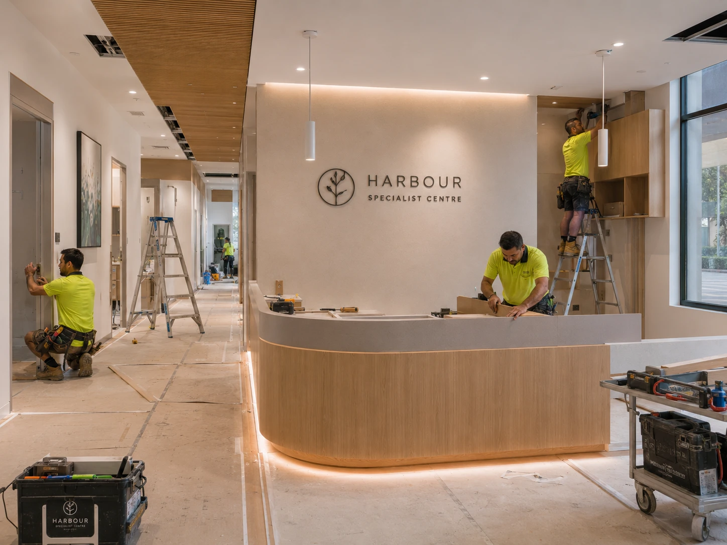 Medical fitout construction site Sydney with specialist trades installing clinical surfaces and services in a raw tenancy