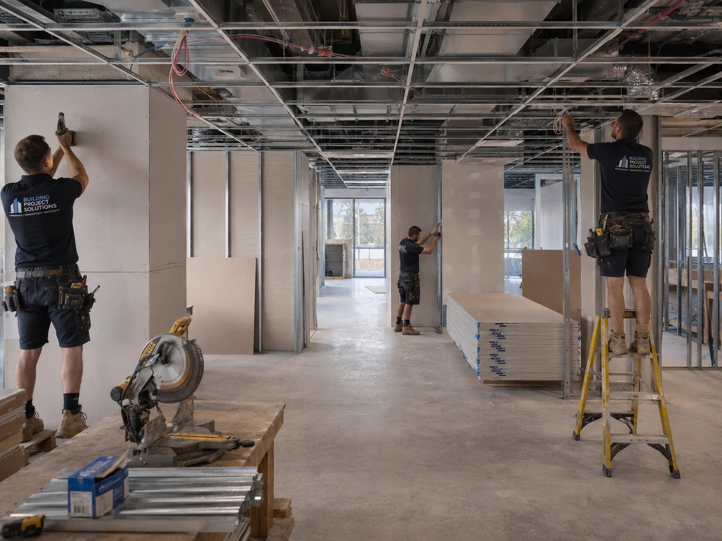 Office fitout construction site Sydney with trades installing plasterboard partitioning and suspended ceiling grid