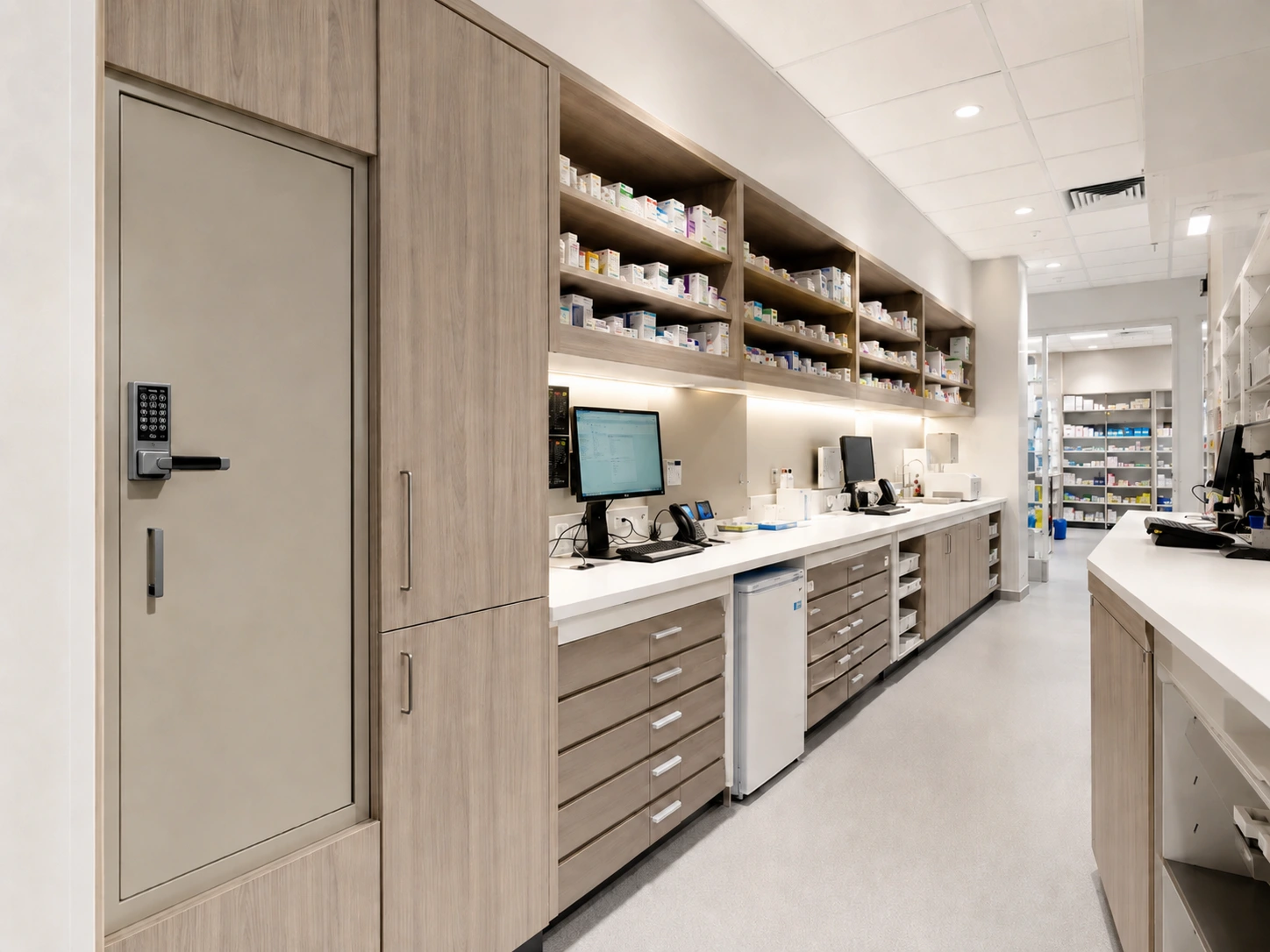 Pharmacy dispensary fitout Sydney with custom joinery dispensing bench, Schedule 8 storage and clinical surfaces