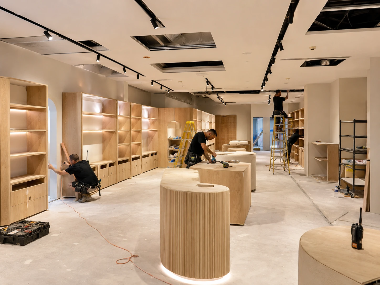 Retail fitout construction site Sydney with trades installing custom joinery shelving units and ceiling works in progress