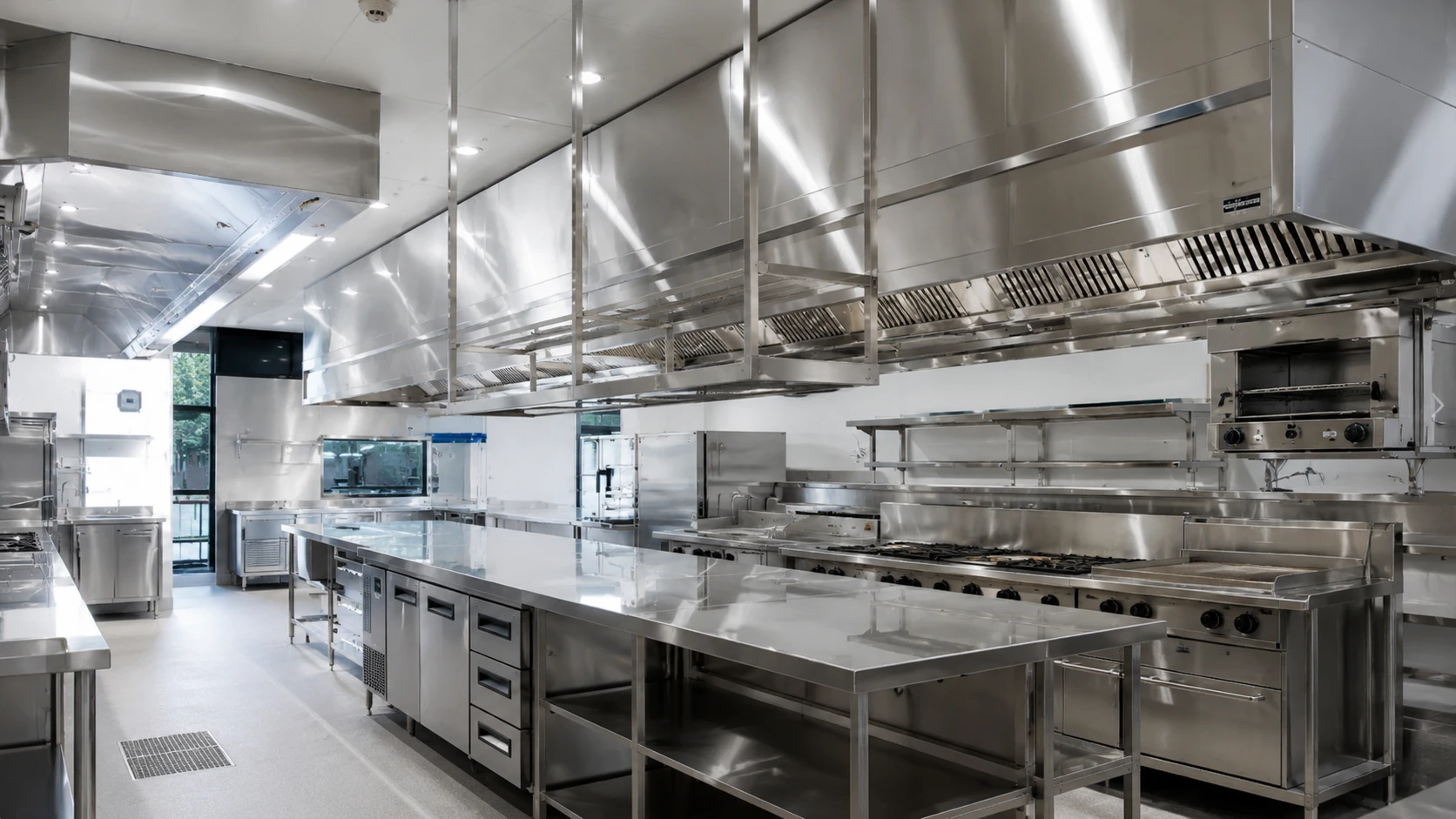 Commercial kitchen exhaust canopy system Sydney with stainless steel ventilation hood and make-up air ductwork installation