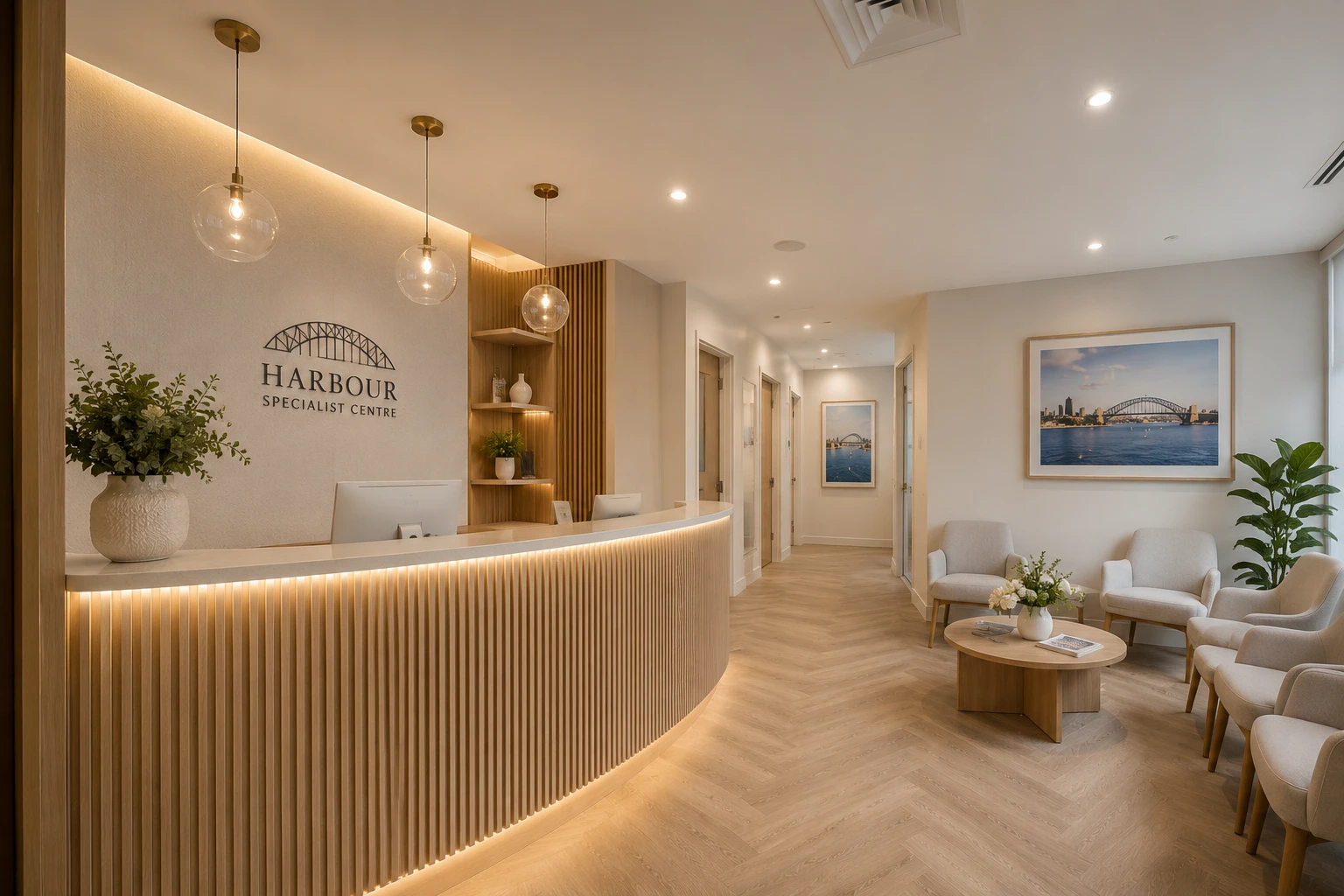 Dental clinic reception and waiting area Sydney with custom joinery desk and warm welcoming healthcare environment