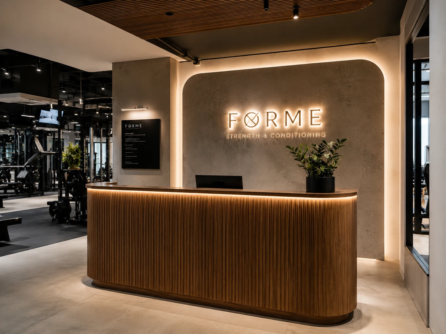 Custom reception desk and feature wall in completed Sydney gym fitout with timber veneer joinery and backlit signage