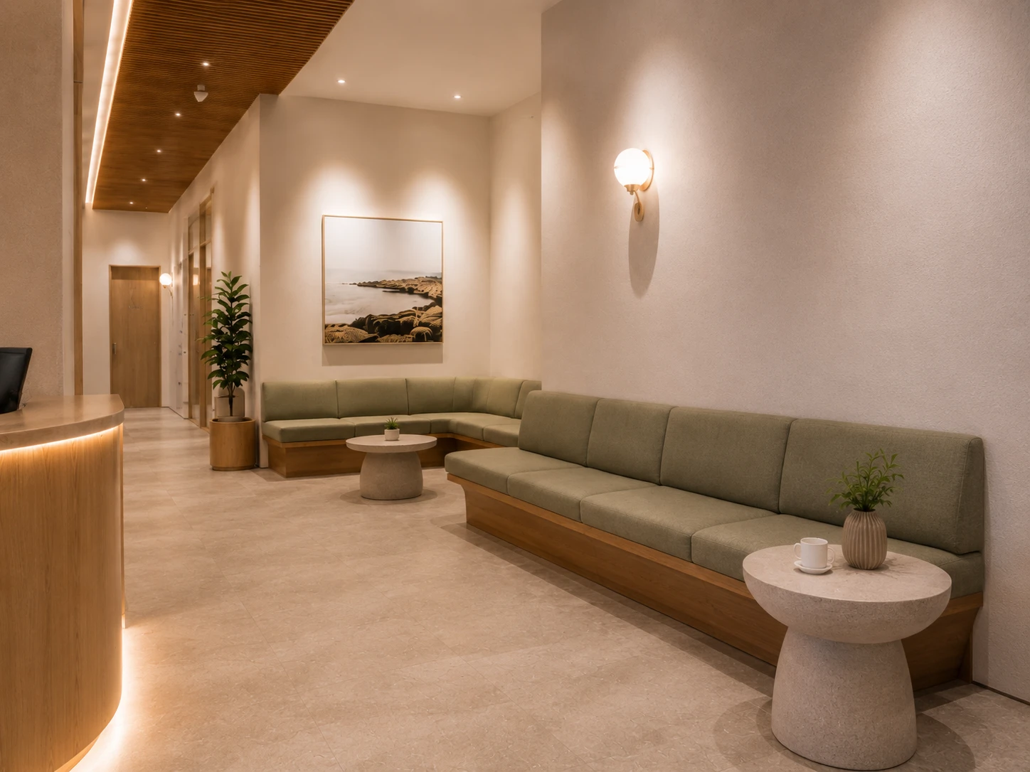 Custom medical reception desk and patient waiting area in completed Sydney clinic with timber joinery and professional healthcare environment