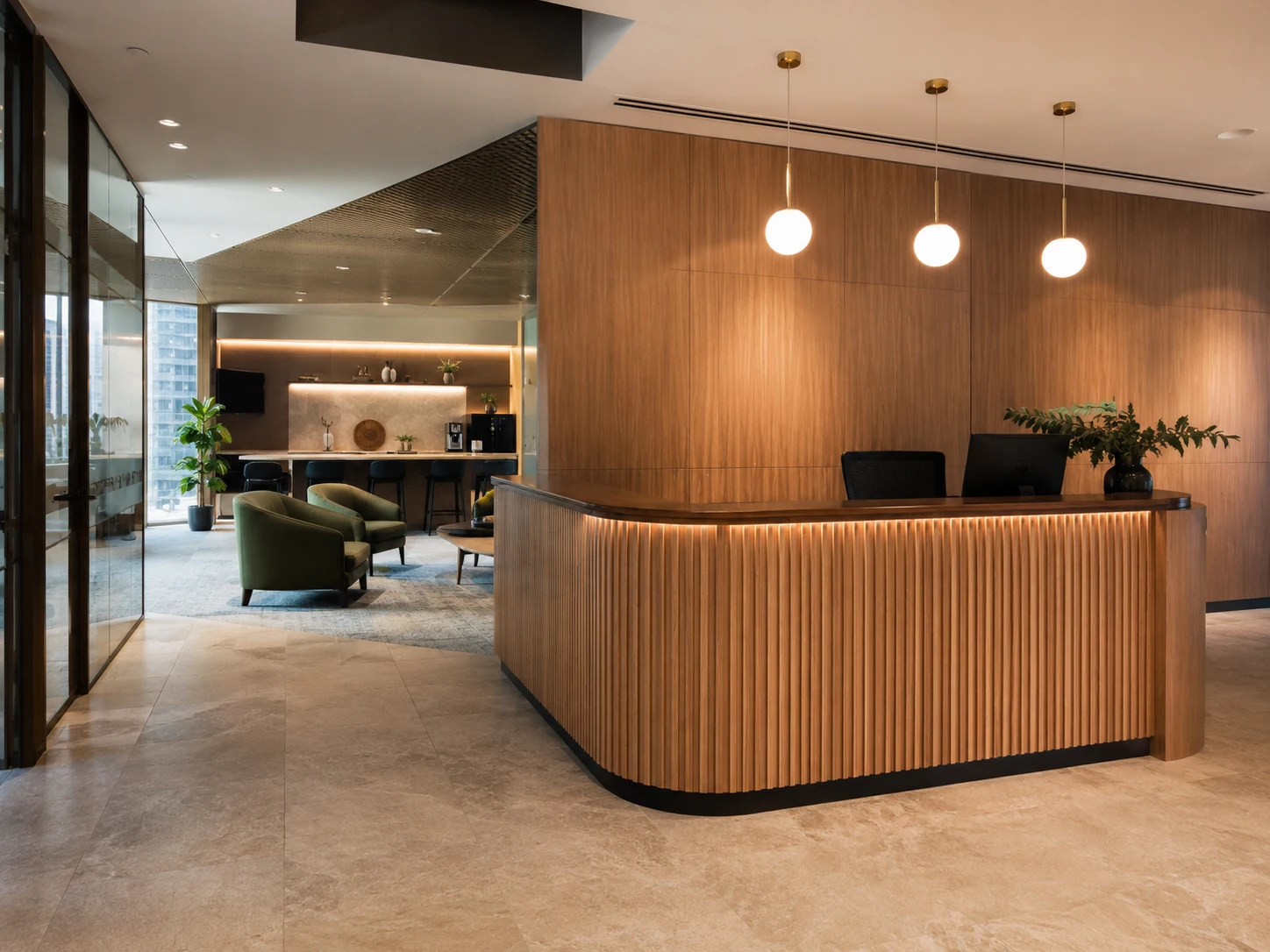 Premium office reception and breakout area Sydney with custom timber joinery desk, warm professional lighting and feature wall