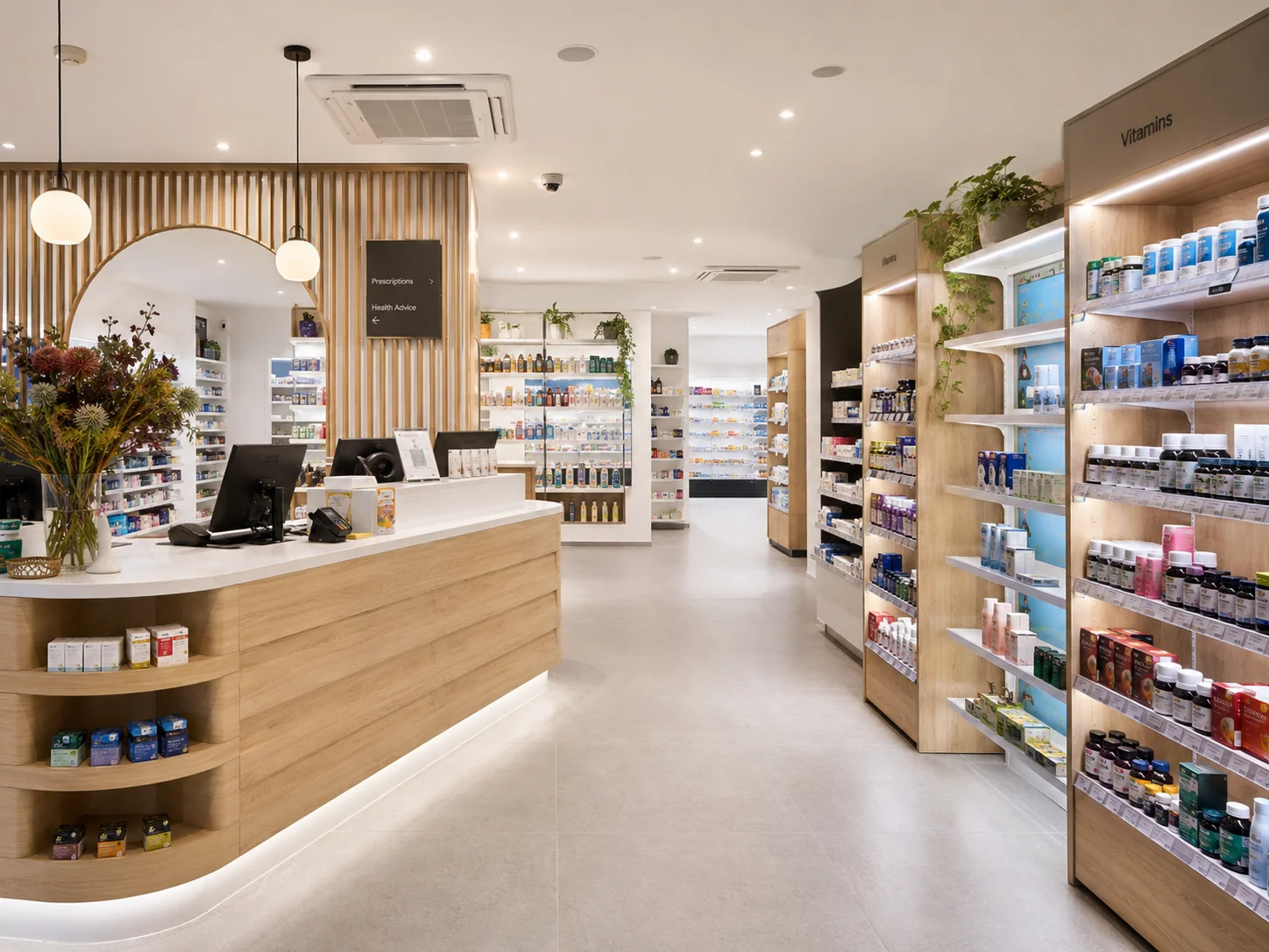 Pharmacy retail fitout Sydney with custom display shelving, OTC product displays and welcoming customer environment