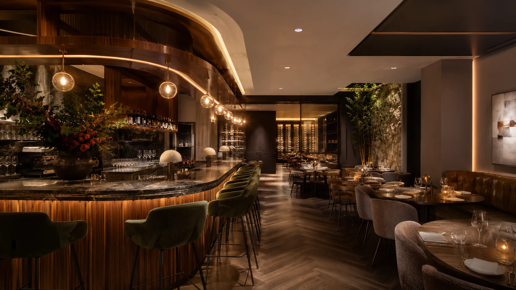 Luxury completed restaurant fitout Sydney with custom joinery bar, feature pendant lighting and premium stone benchtop