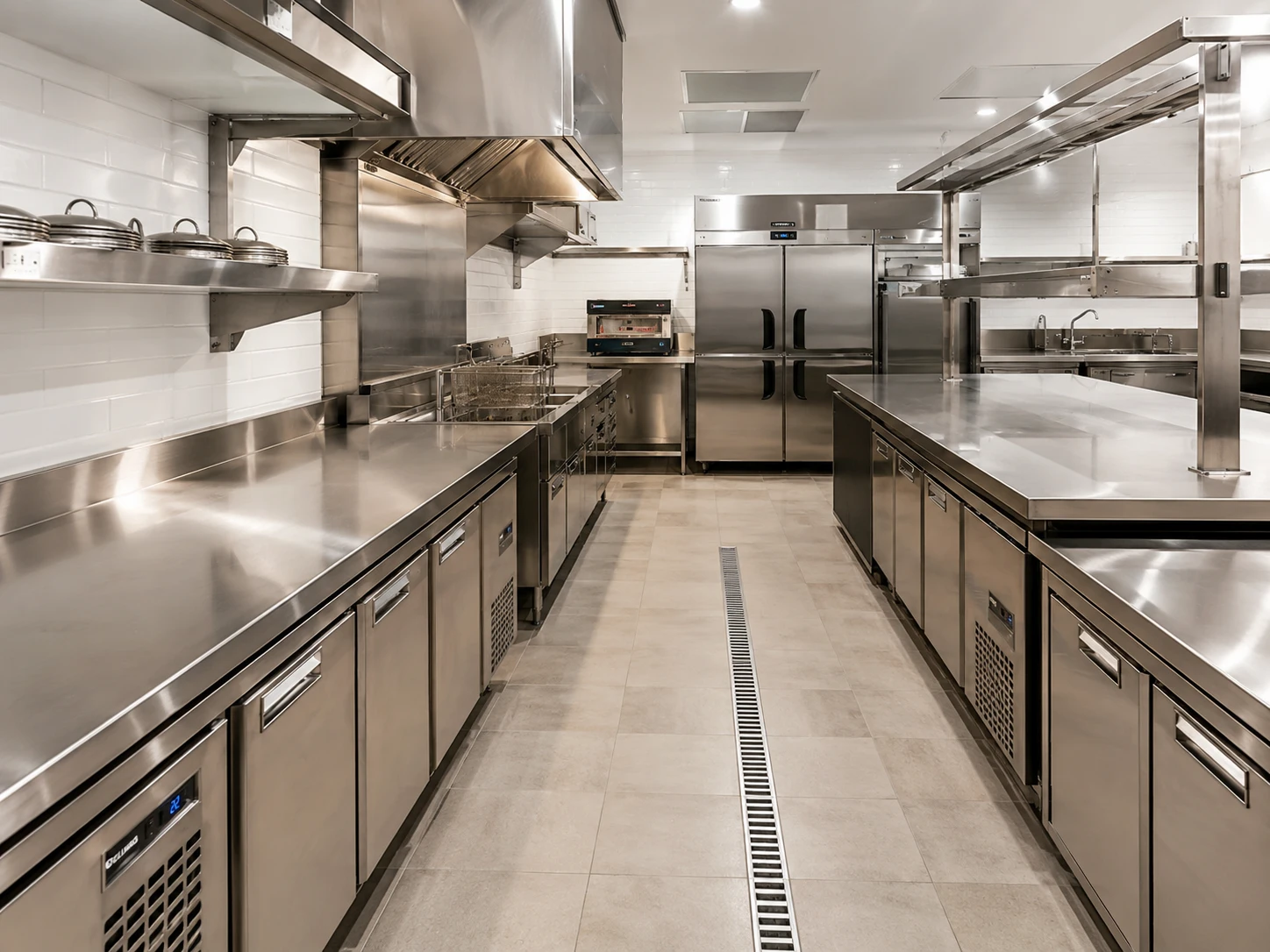 Completed commercial kitchen interior Sydney with stainless steel prep benches, commercial floor waste drains and continuous tiled floor