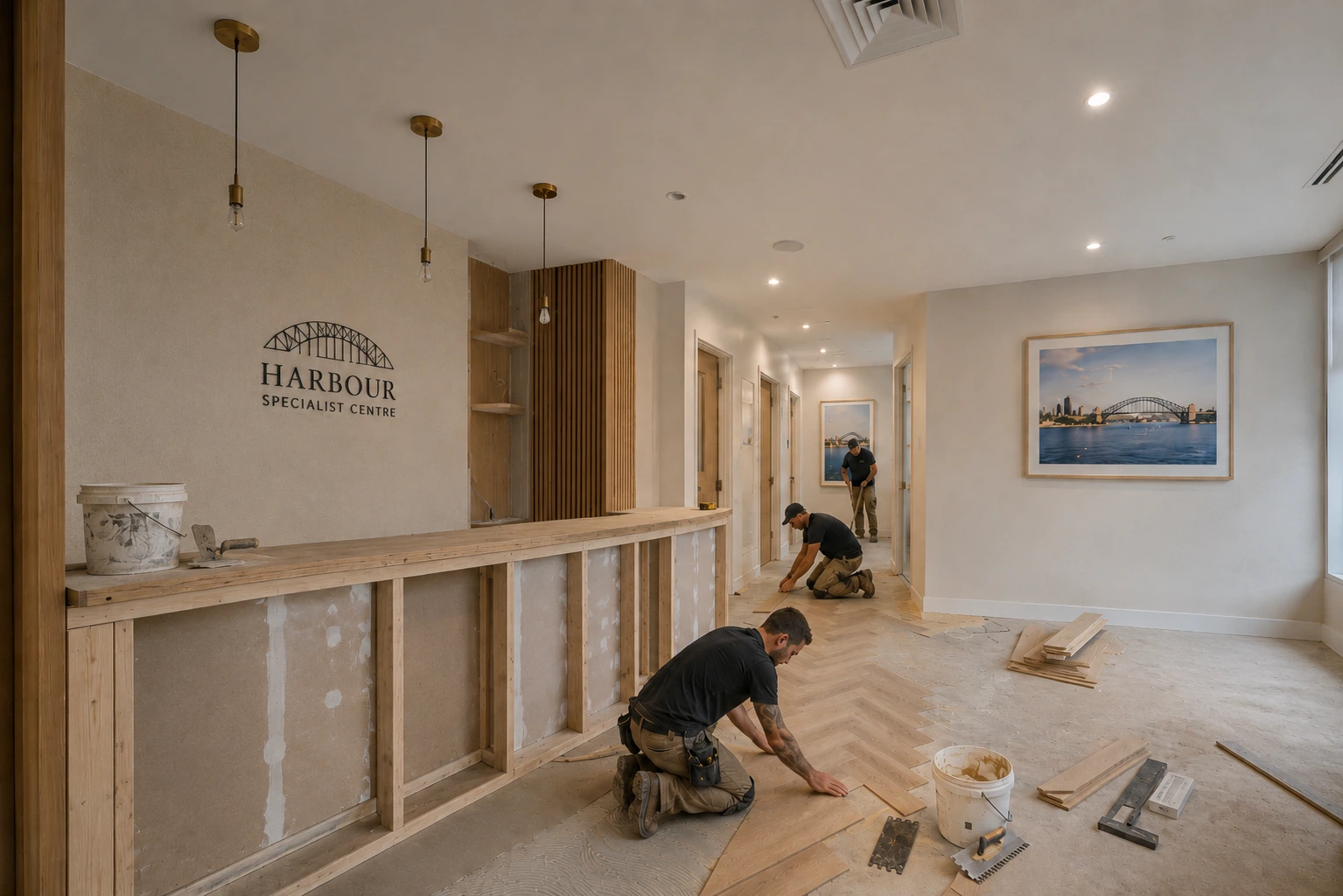 Dental fitout construction site Sydney with specialist trades installing clinical surfaces and plumbing infrastructure