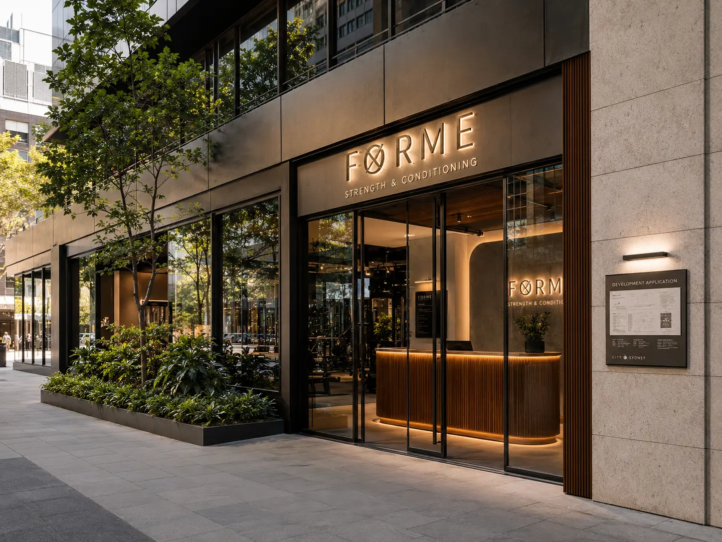 Sydney commercial building exterior with gym signage and planning context in a modern commercial district