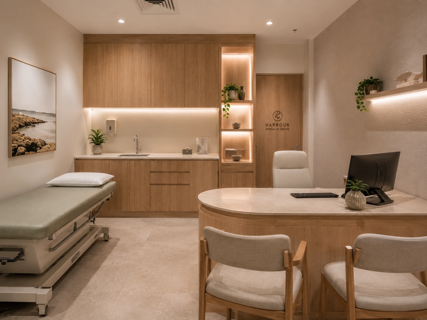 Completed specialist medical suite Sydney with clinical surfaces, custom joinery consulting room and clean modern healthcare interior
