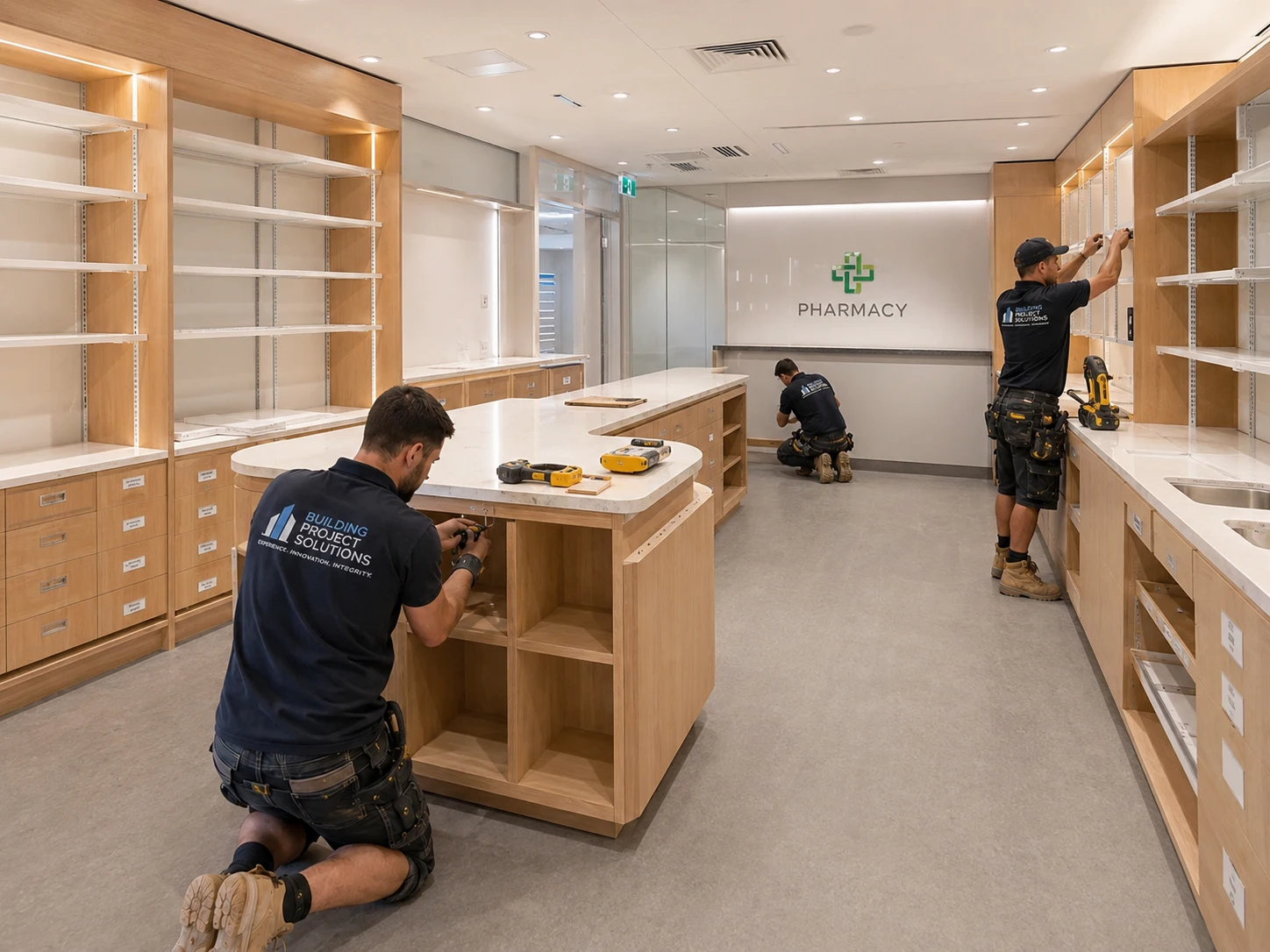 Pharmacy fitout construction site Sydney with trades installing custom joinery and clinical surfaces in a commercial healthcare interior