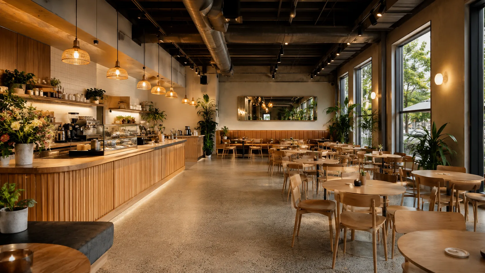 Modern cafe interior Sydney completed fitout with timber joinery counter, warm pendant lighting and open dining room