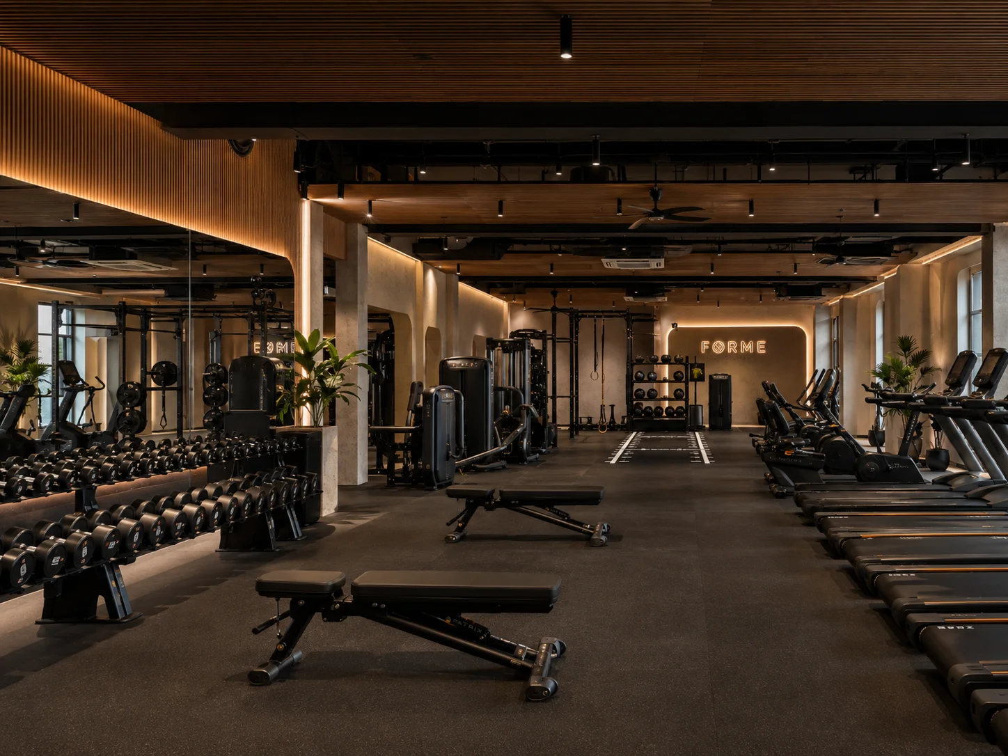 Large completed commercial gym interior Sydney with multiple training zones, free weights area, rubber flooring and feature lighting