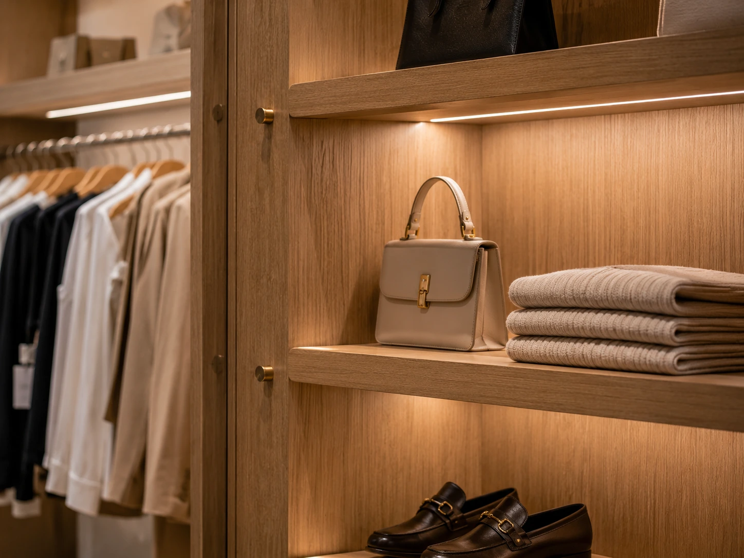 Custom retail joinery detail Sydney with timber veneer display shelving, integrated lighting and premium hardware