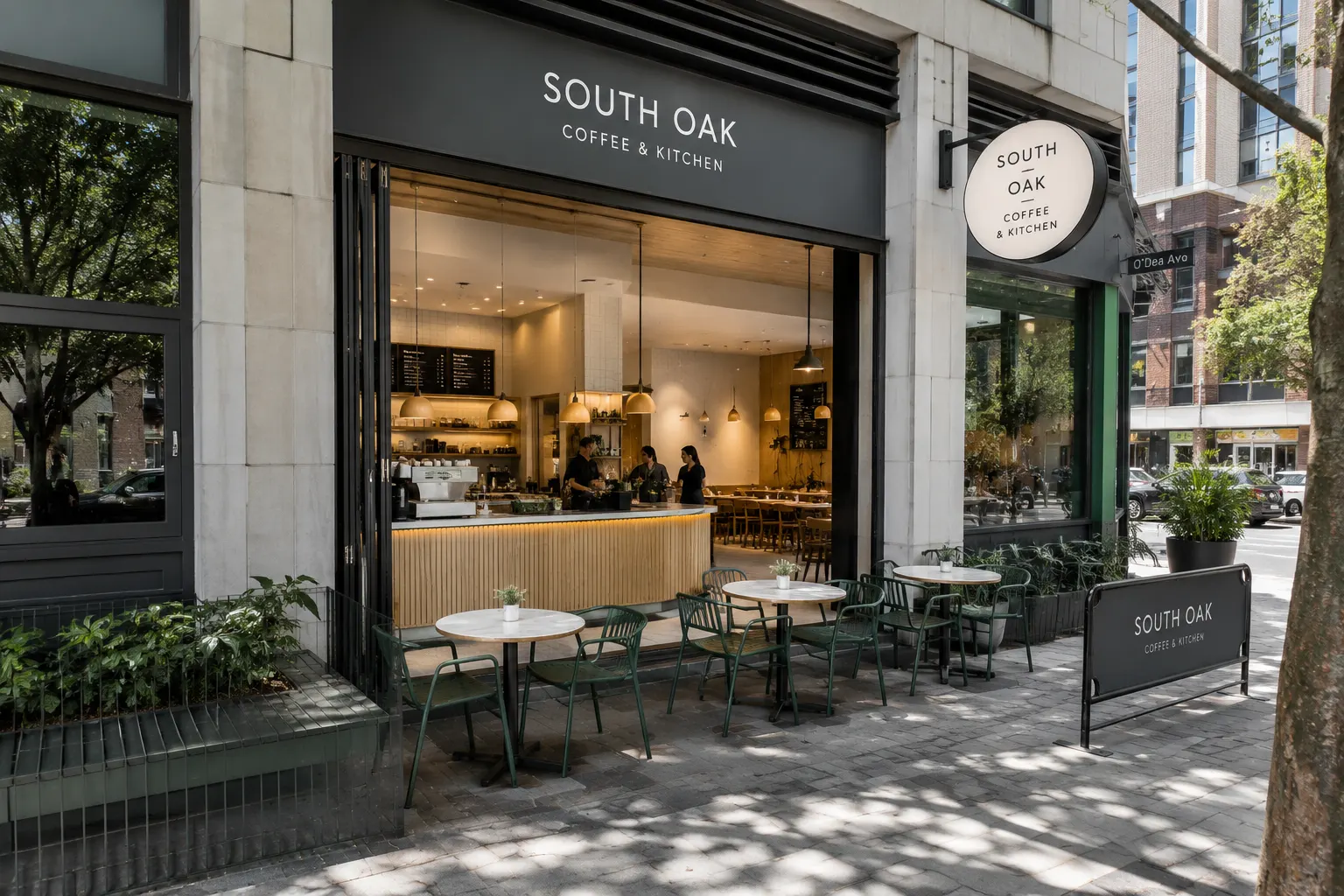Sydney cafe shopfront street level with modern signage and outdoor seating in a commercial district